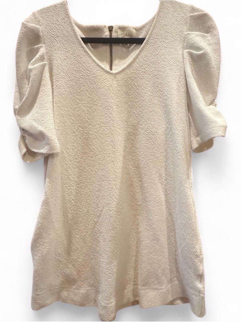 Deletta Cream Textured V-Neck Midi Dress with Puff Sleeves